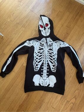 Black Skeleton Print Zip-Up Hoodie Jacket